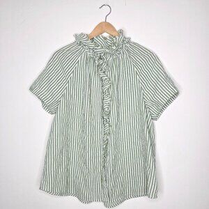 Chico's Sage Green and White Striped Ruffle Button-Down Top
